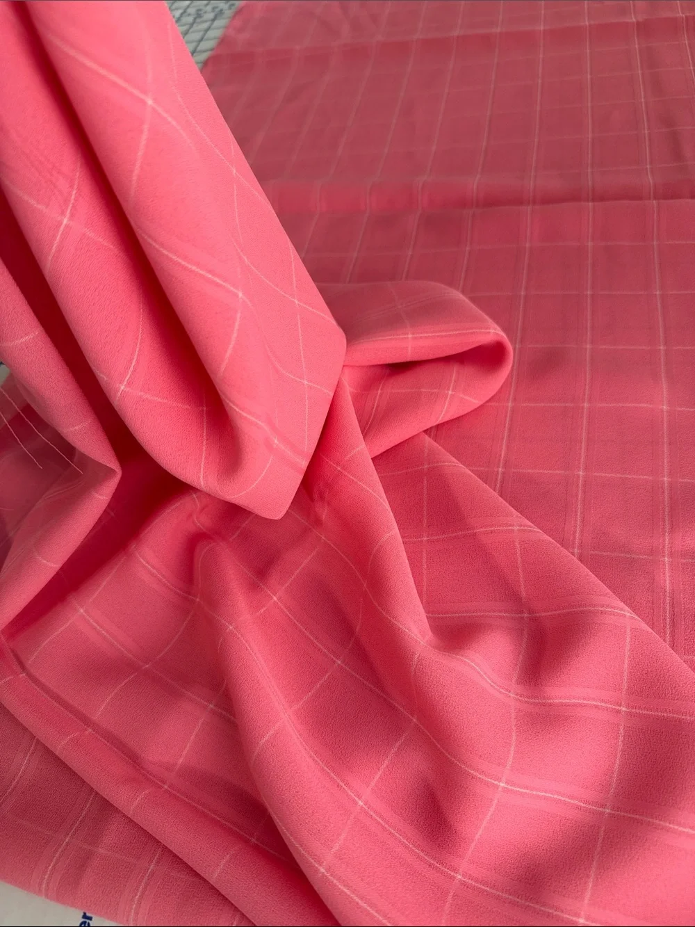 Vintage 1980s Coral Pink Windowpane Plaid Lightweight Drapey Fabric 2 Yards